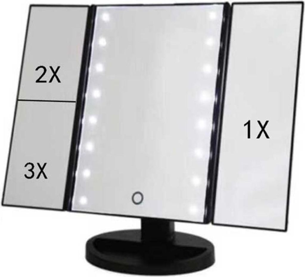 INF 22 LED beleuchteter dreifach klappbarer Make-up Spiegel mit Vergrößerung Schwarz