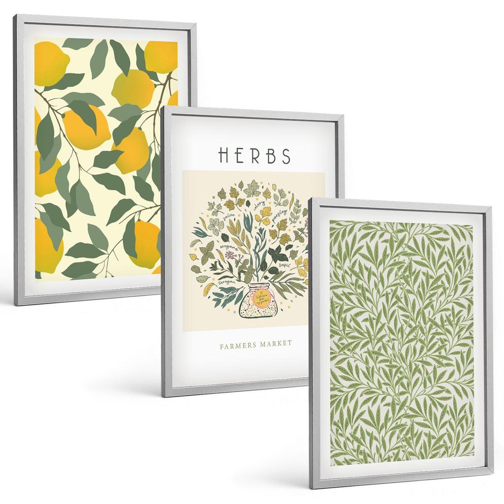 Bilder Set 3-teilig im silbergerahmten Rahmen – Wandbilder 3 Stück – gerahmte Poster für Wohnzimmer, Schlafzimmer und Flur – 40x60 cm – Z...
