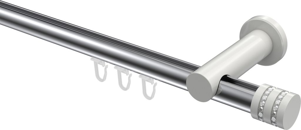 Interdeco Innenlaufstange / Gardinenstange mit Innenlauf Chrom / Weiß, Typ Platon Estana (Glitzerkappe), 20 mm Ø 1-läufig, 160 cm
