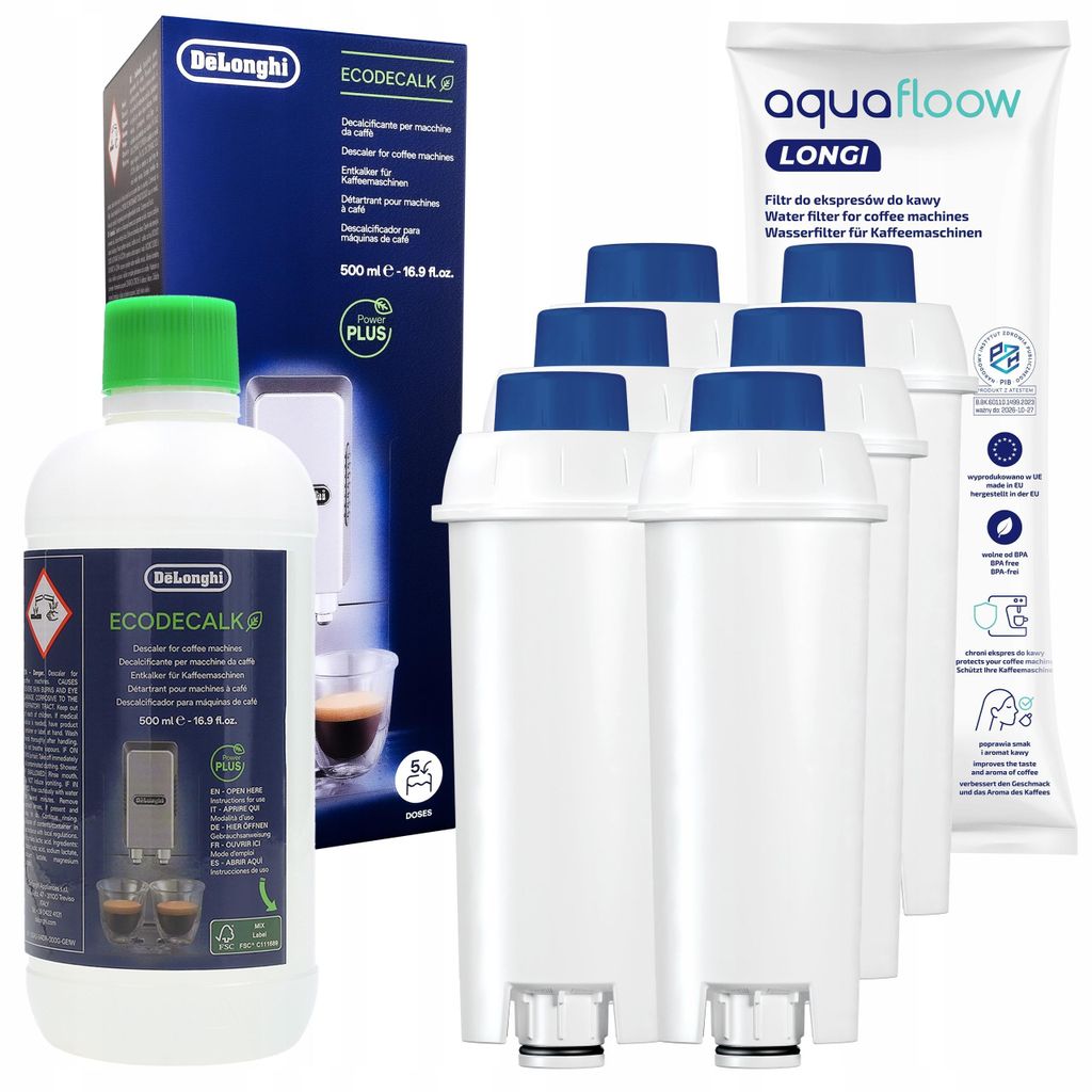 6x Wasserfilter von Aquafloow kompatible mit DeLonghi + Delonghi 500ml ecoDecalk entkalk