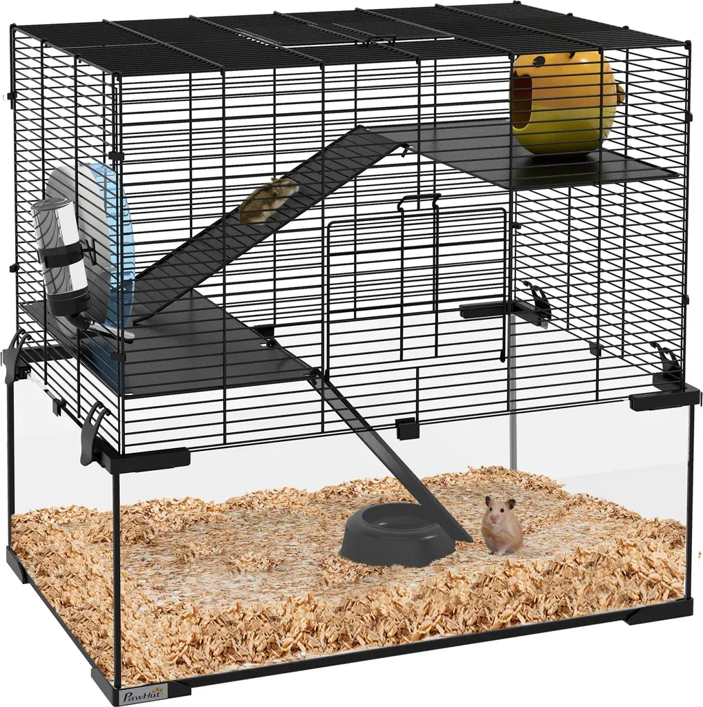 Cage pour hamster syrien et rongeur - Habitat métal et verre noir