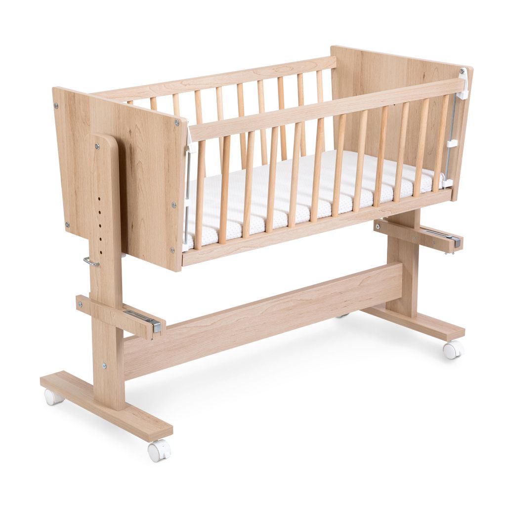 Beistellbett "ZOYA 5in1" Buche -Optik 89x40 cm | Babybett & Wiege mit Rollen | Multifunktionales Stubenbett