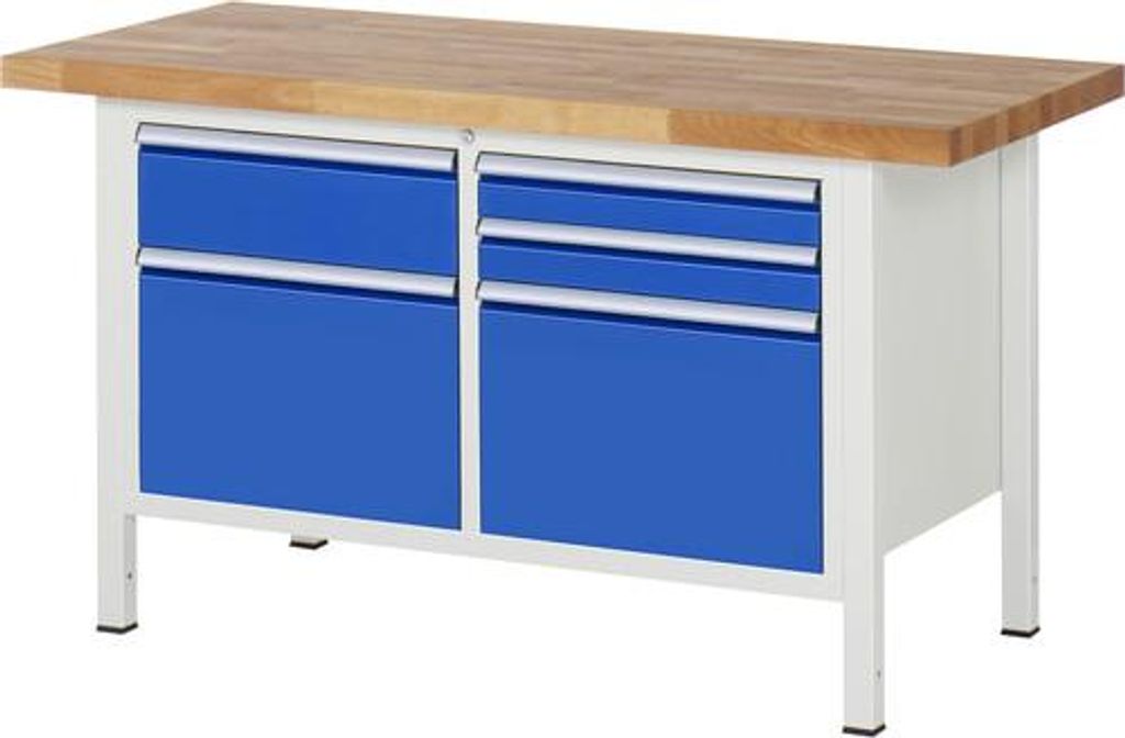 Werkbank mit 5 Schubladen - Vollauszug - 90:2 / 180:1 / 360:2 - 840 x 1.500 x 700 mm (HxBxT) - Traglast 1.250 kg - Buche