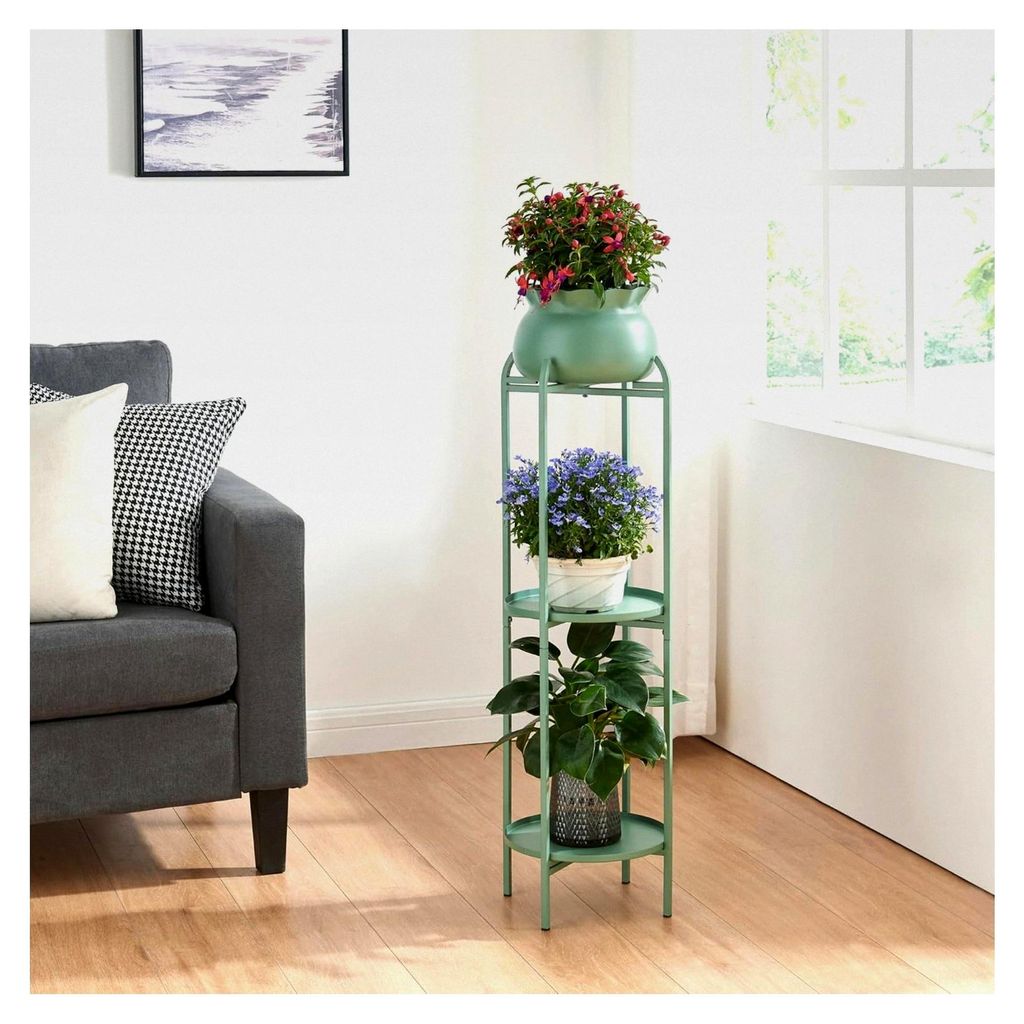 Blumenständer Altena mit Blumentopf und 2 Ablagen aus Metall in Grün, Pflanzenregal 94,5 x 27 x 27 cm, Blumensäule für Innenräume