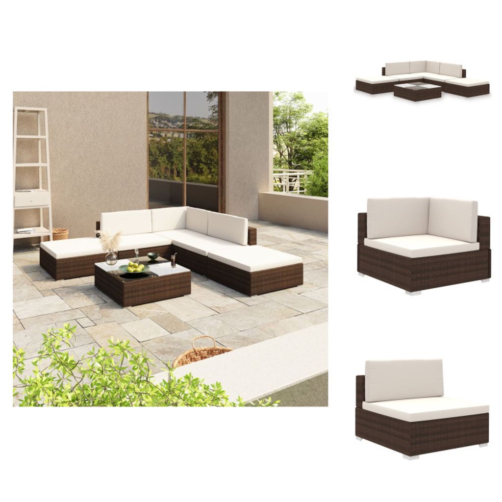 vidaXL 6-tlg. Garten-Lounge-Set mit Auflagen Poly Rattan Braun - Gartenmöbel-Sets