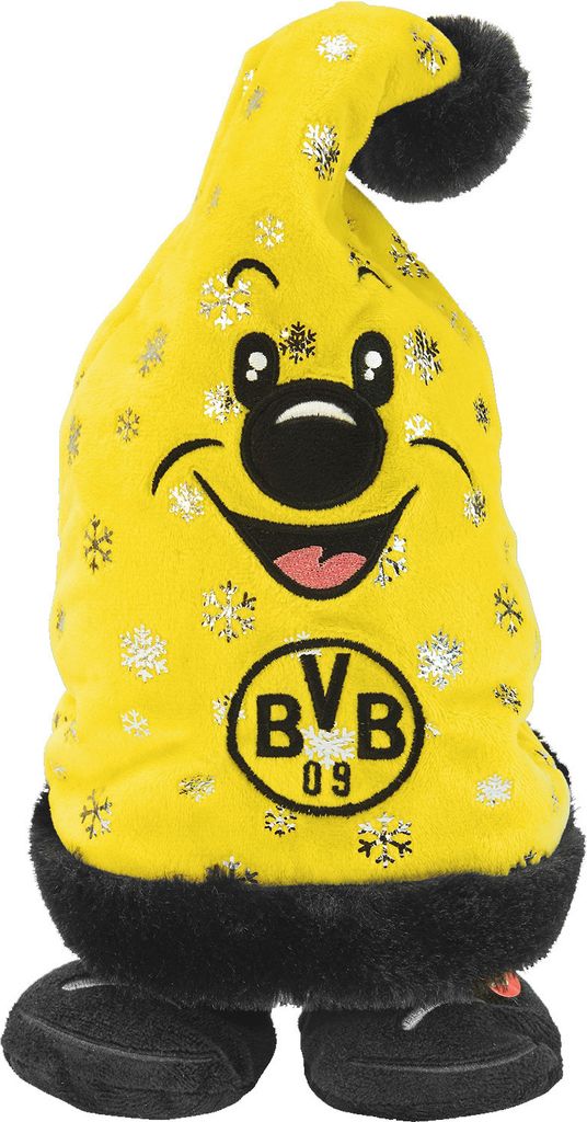 A plush toy in the shape of a hat with a face, decorated with snowflakes and the BVB logo.