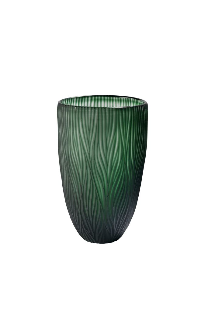 Schmale Vase aus Glas grün 18x28cm mit geschliffenen Muster mundgeblasen