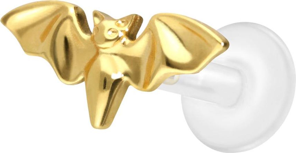 Ohrpiercing, Nasenpiercing PTFE Labret mit Innengewinde + Titan-Aufsatz FLEDERMAUS Gold Stablänge: 7mm | Stabstärke: 1,2mm