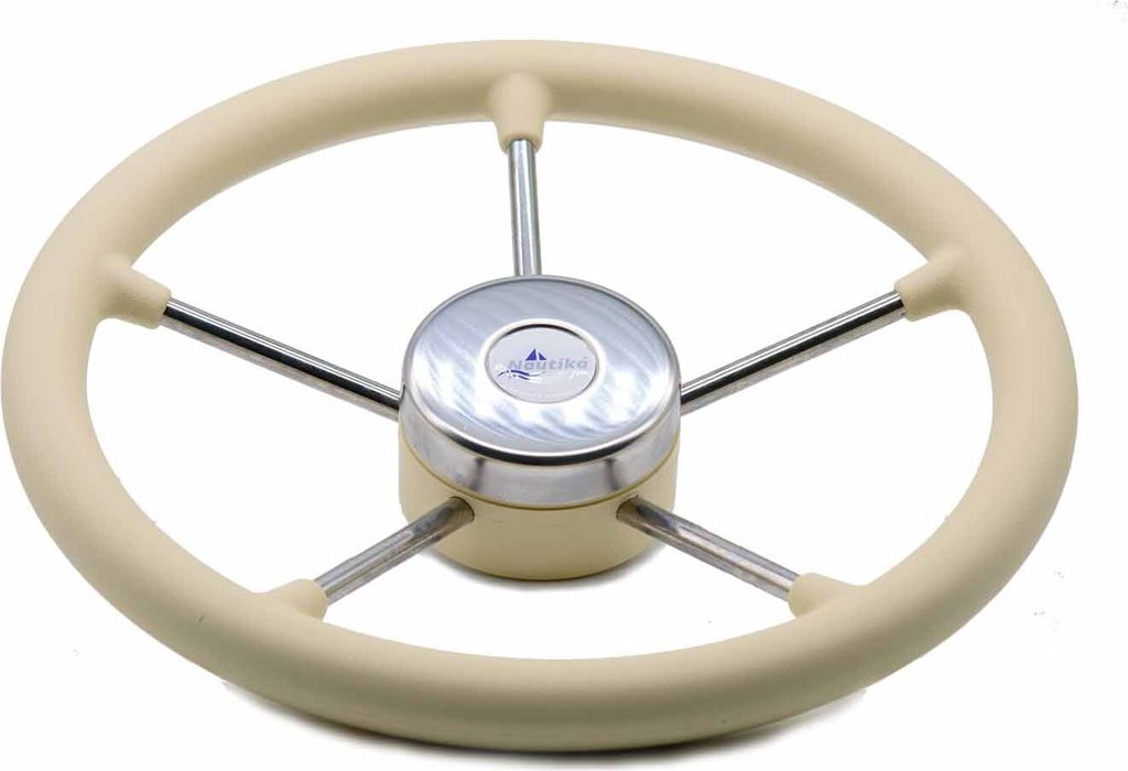 Edelstahl Steuerrad 350 mm, 5 Speichen, mit Nabe, rutschfester Griff Farbe: Creme