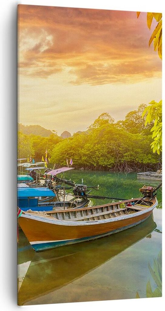 Bild auf Leinwand - Leinwandbild - Berge Boot Wasser - 65x120cm - Wand Bild - Wanddeko - Wandbilder - Leinwanddruck - Bilder - Kunstdruck - Wanddek...