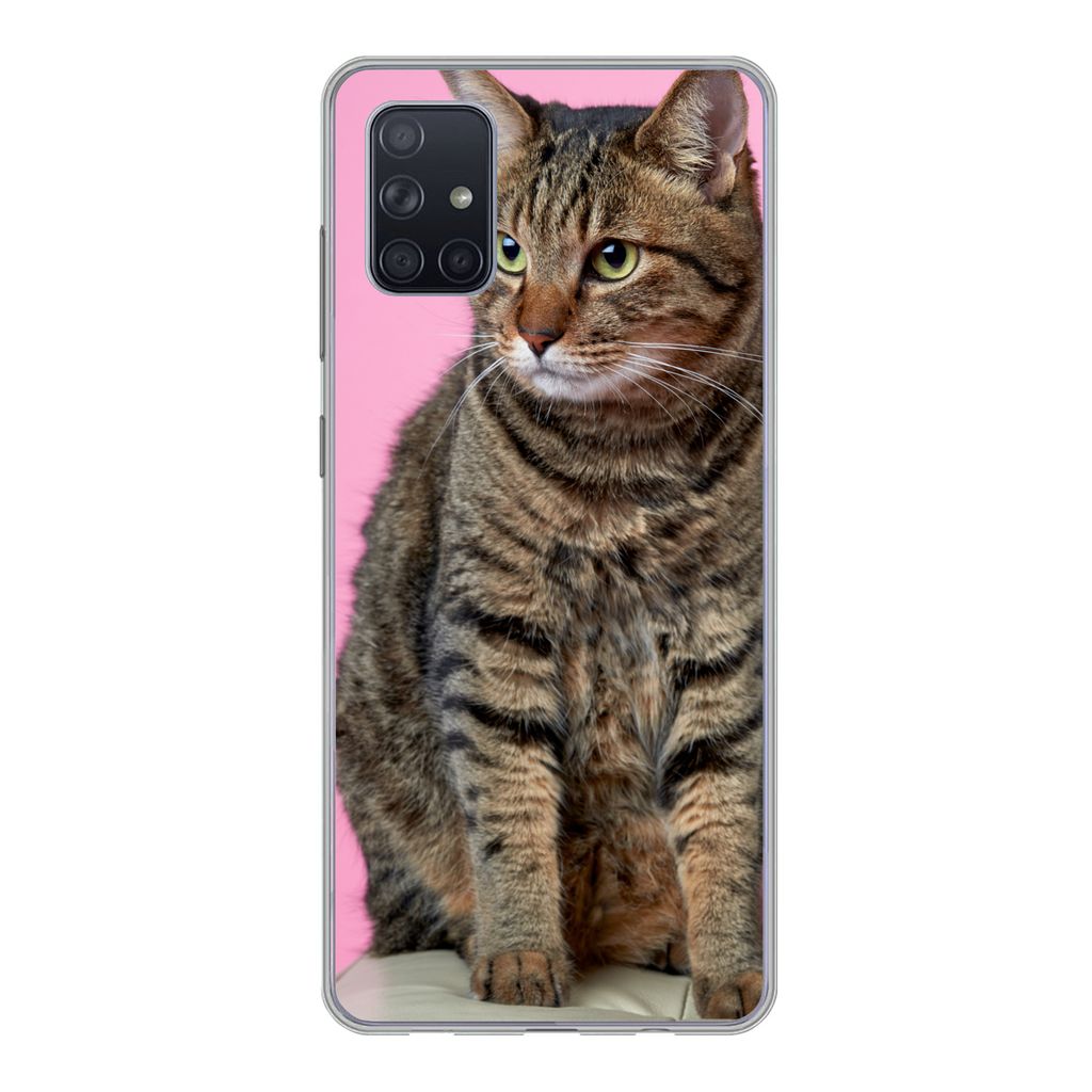 MuchoWow Handyhülle Schutzhülle Hülle für Samsung Galaxy A71 Katze - Rosa - Pouf - Mädchen - Kinder - Kinder Silikon Softcase Handy Hülle -...