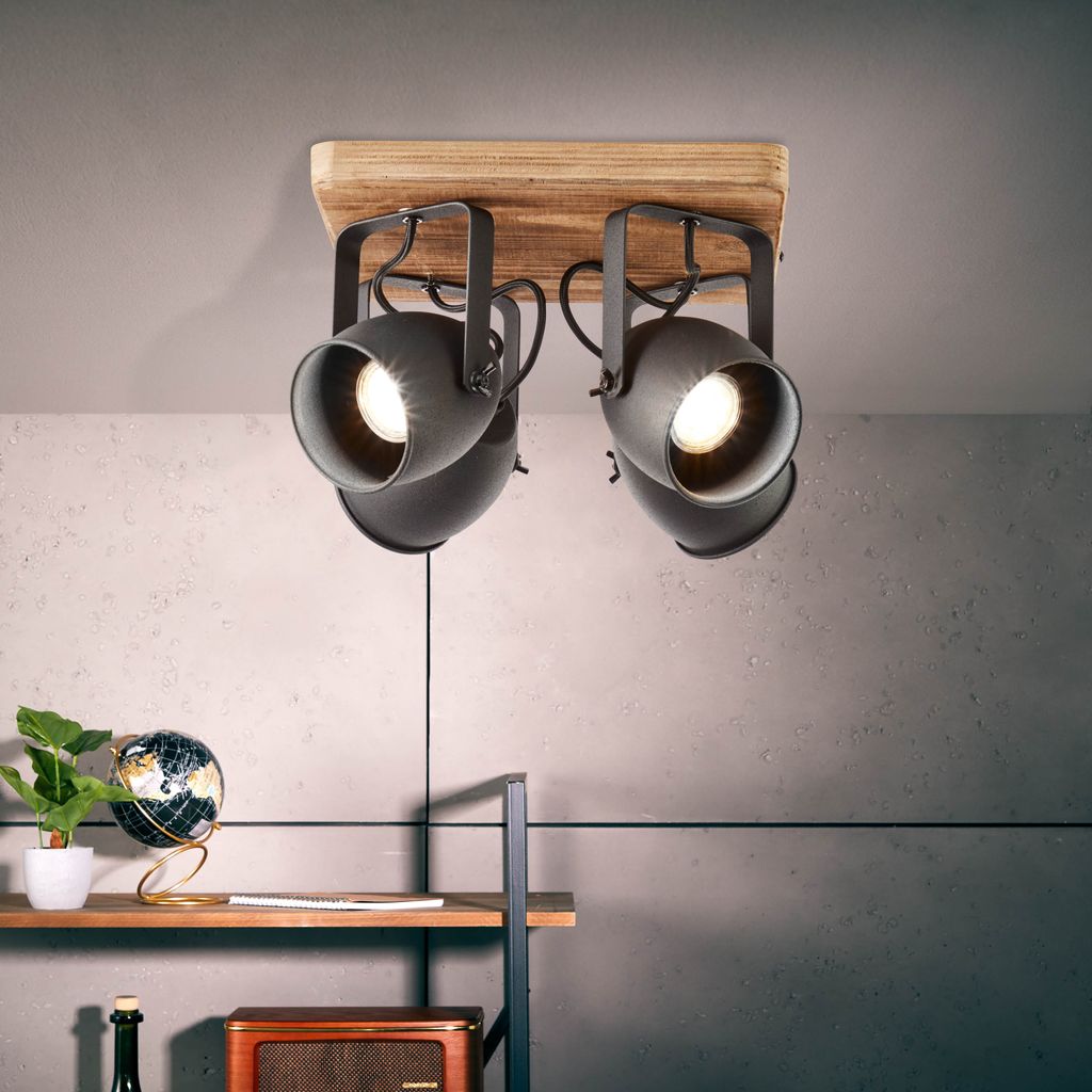 BRILLIANT Deckenleuchte CROWTON im Industrie-Stil | 4er Spotplatte mit GU10 Fassungen max. 6W | Spots schwenkbar | Metall/Holz