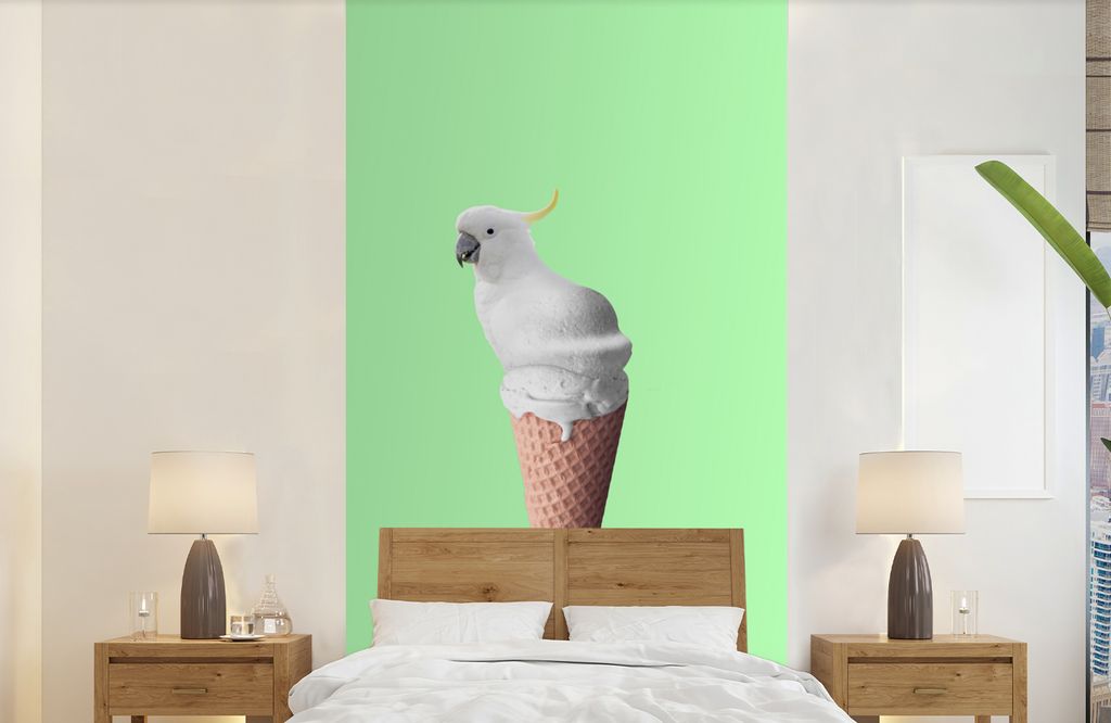 MuchoWow Fototapete für Wohnzimmer oder Schlafzimmer Wandtapete Vinyl Motivtapete Papagei - Eistüten - Eiscreme - Weiß - Grün - 120x240 cm - ...