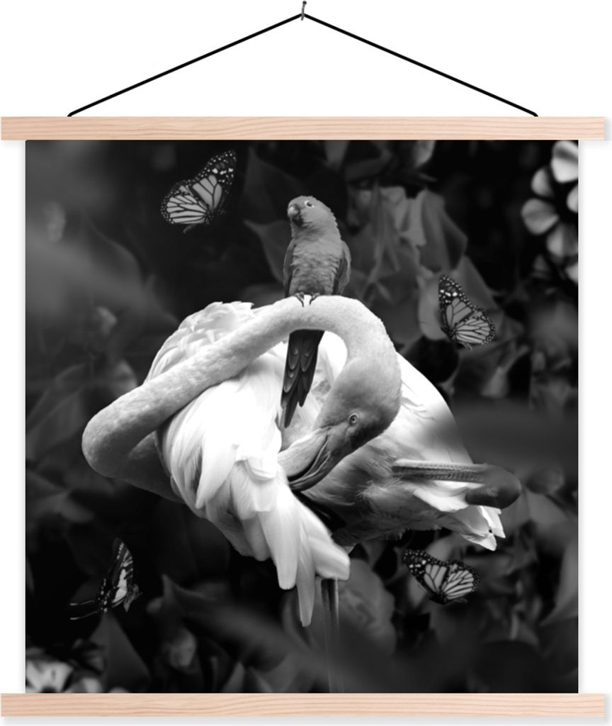 MuchoWow Textilposter Flamingo - Tiere - Dschungel - Schwarz - Weiß 40x40 cm mit holzfarbenen Rahmen - Posterleiste