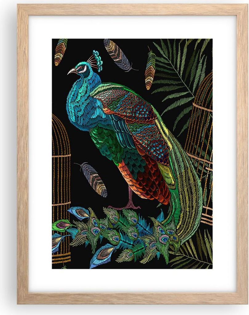 Gerahmtes Poster - Rahmen in heller Eiche - Pfauen Gold Käfig - 30x40 cm - Wand Bild - Wanddeko - Wandbilder - Kunstposter - Wandposter - Bilderra...