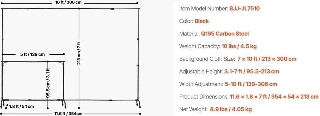 Support arrière ajustable 7x10 pieds construction robuste en acier noir