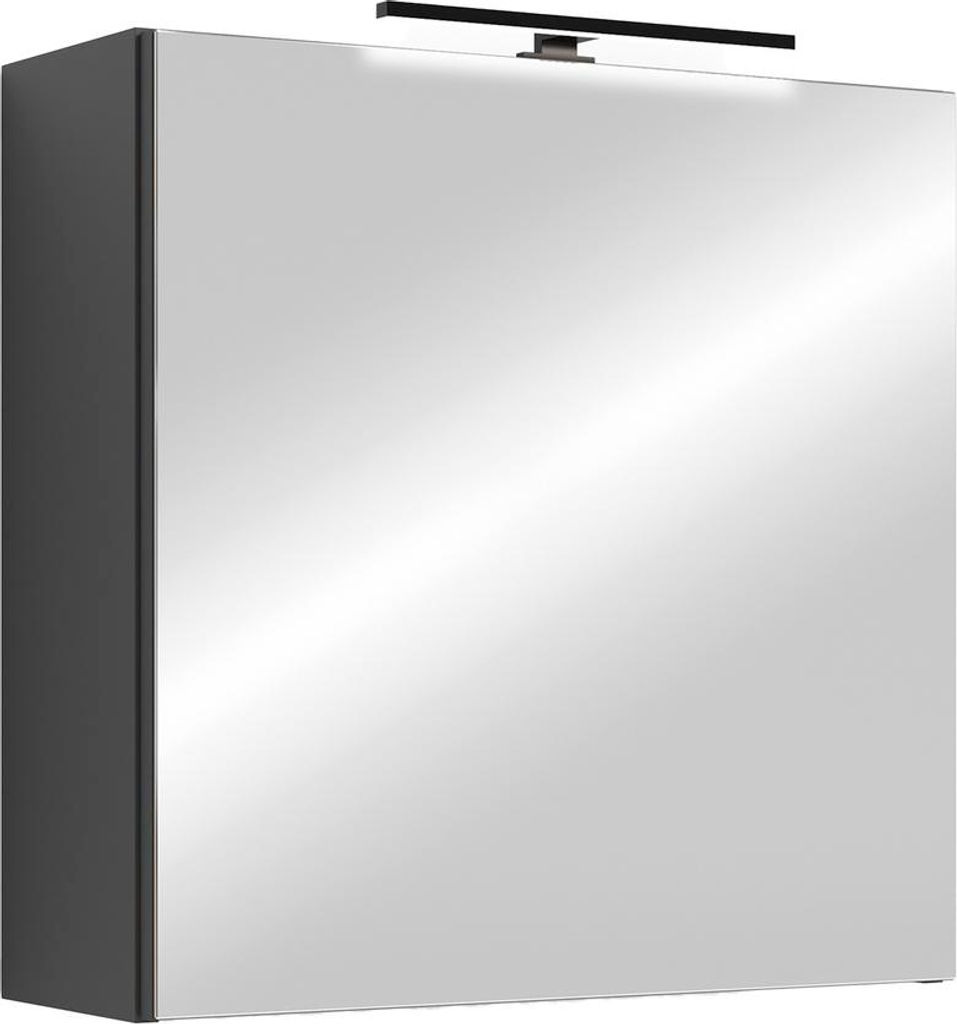 A bathroom cabinet with a mirror and integrated LED lighting.