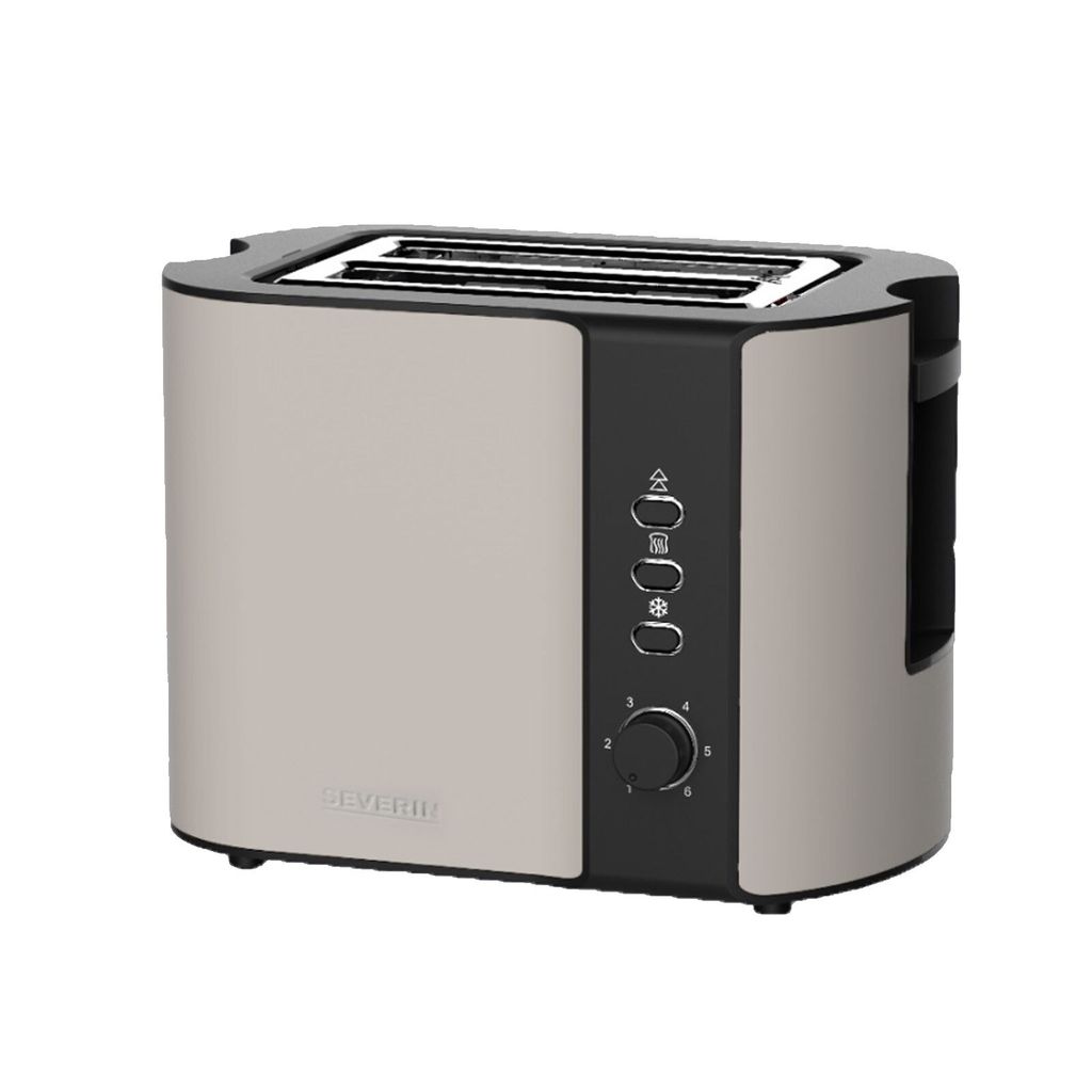 A beige and black Severin toaster is shown against a white background.