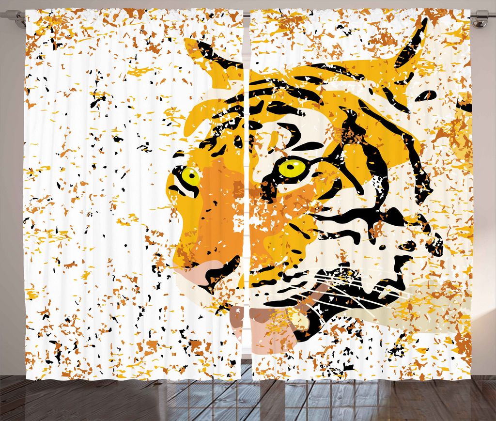 ABAKUHAUS Tier Rustikaler Gardine, Vektor Wilde Tiger, Schlafzimmer Kräuselband Vorhang mit Schlaufen und Haken, 280 x 175 cm, Orange