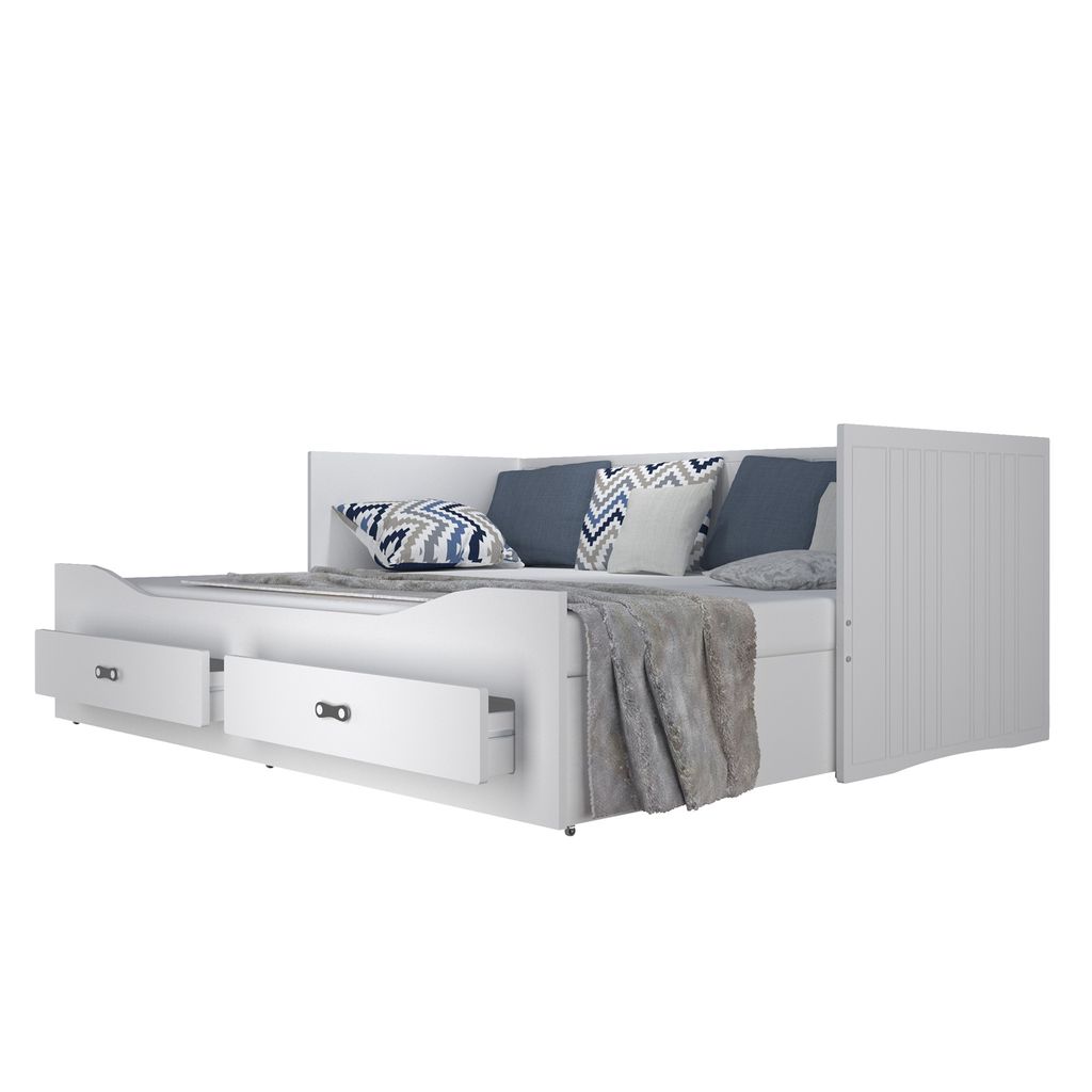 Bett HERMES 80x200 cm ausziehbares Kinderbett mit Schublade und Matratze Lattenrost aus Holz Tagesbett weiß