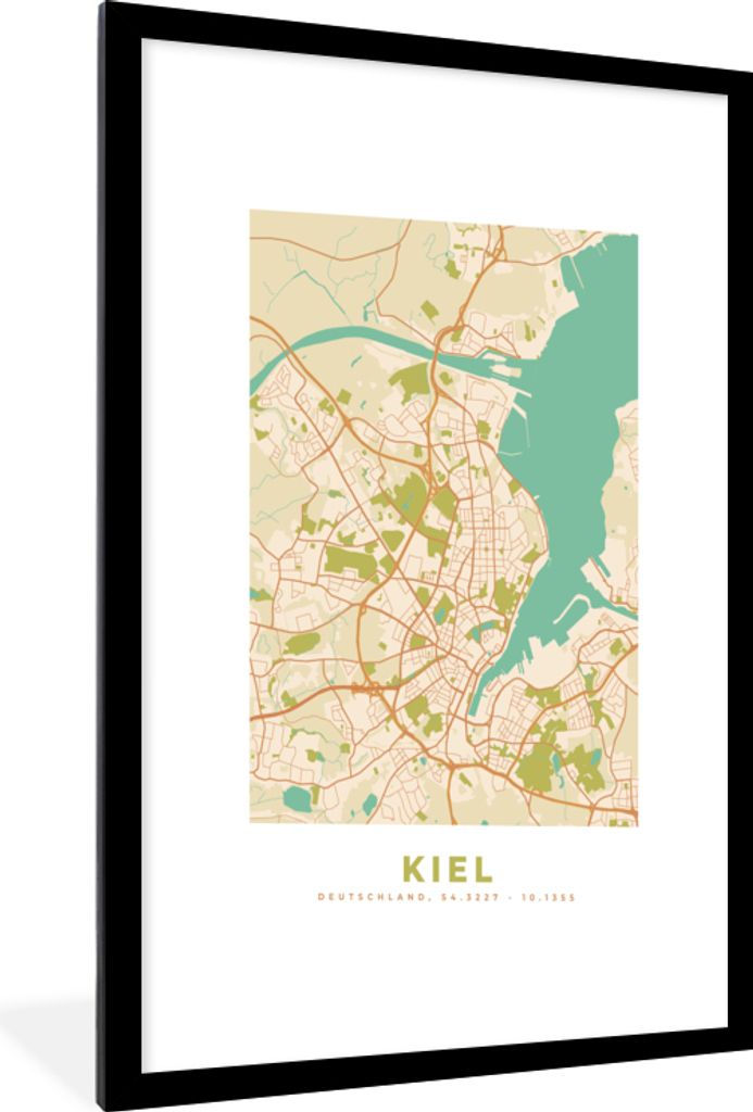 MuchoWow Gerahmtes Poster Karte - Kiel - Karte - Stadtplan - Vintage 60x90 cm - Poster mit Schwarzem Bilderrahmen Wandposter Rahmen Foto Bilder -...