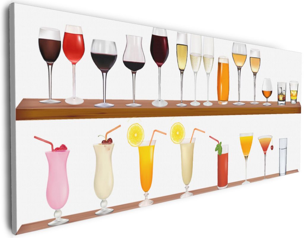 Wallario Premium Leinwandbild Schnapsregal mit vielen bunten Flaschen in Größe 60 x 150 cm