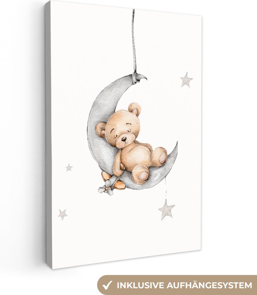 MuchoWow - Leinwandbilder - Bär - Mond - Sterne - Kinder, Wandbild, Wanddeko Bilder Wohnzimmer, 60x90 cm