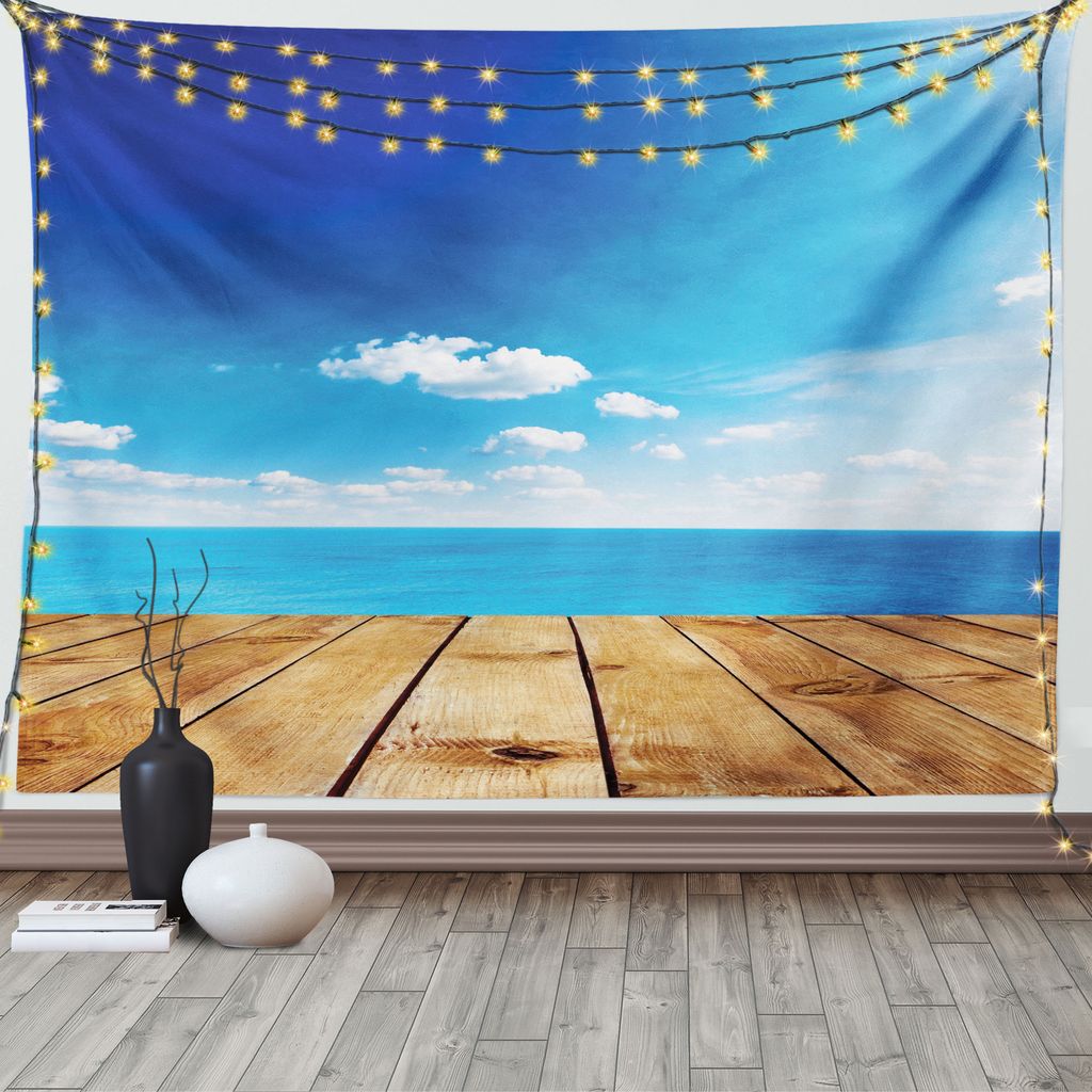 ABAKUHAUS Nautisch Wandteppich, Seascape bewölkt Strand, Wohnzimmer Schlafzimmer Wandtuch Seidiges Satin Wandteppich, 150 x 100 cm, Braun Weiß Blau