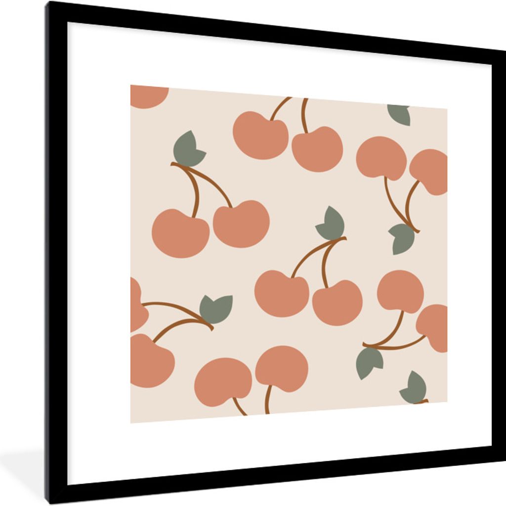 MuchoWow Gerahmtes Poster Obst - Pastell - Kirsche - Sommer 40x40 cm - Poster mit Schwarzem Bilderrahmen Wandposter Rahmen Foto Bilder - Poster -...