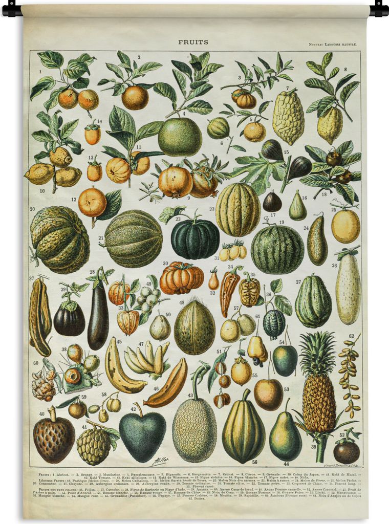 MuchoWow Wandteppich Wandbehang Obst - Lebensmittel - Design - Vintage - Adolphe Millot 120x180 cm Tapisserie Dekoration Wandtuch - Schlafzimmer ...