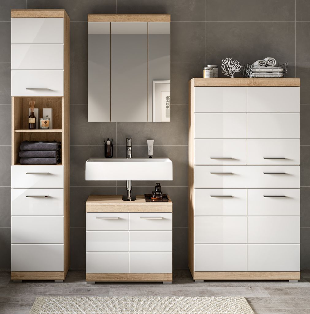 Badmöbel Set "Mambo" in weiß Hochglanz und Sonoma Eiche, Badezimmer 4-teilig