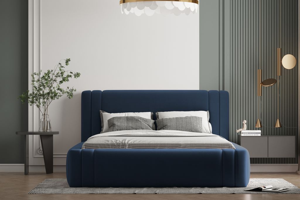 Polsterbett ROLF 120 x 200 mit Matratze, Bettkasten und Lattenrost. Farbe: Blau