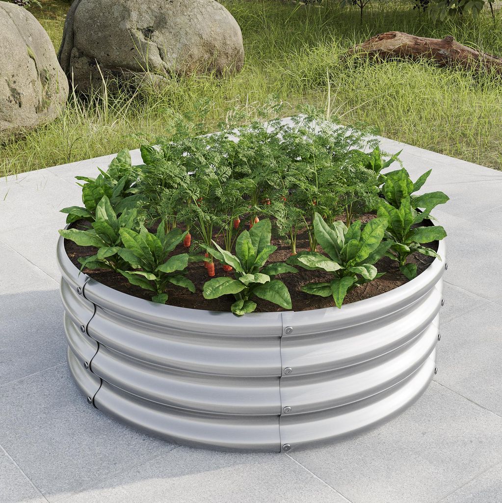 Flieks Pflanzkübel Hochbeet Rund, Pflanzgefäß Pflanzenbeet Pflanzenkasten ohne Boden, Gartenbeet aus Metall für Außen, 81.5x81.5x29cm, Silber