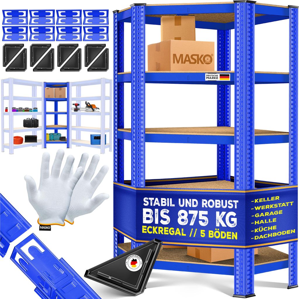 MASKO Eckregal Lagerregal Schwerlastregal, Kellerregal, 180x75x40cm , bis 875 kg, 5 verstellbare Ablagen, MDF-Platten Regal aus Metall, Steckrega...