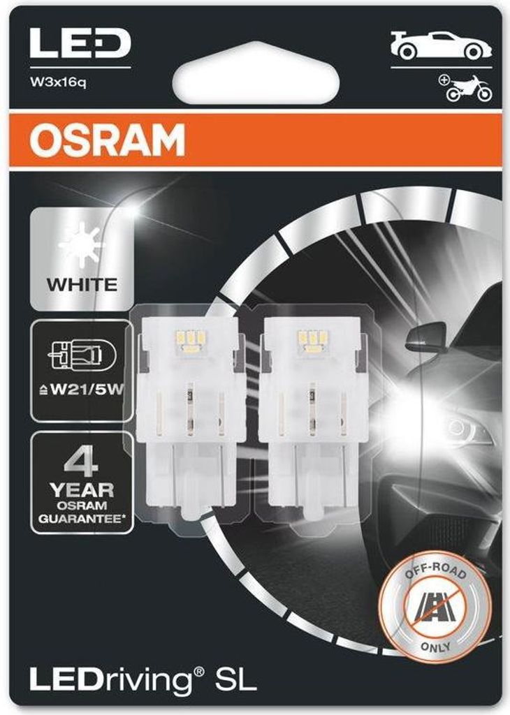 Packaging for OSRAM LEDriving SL W21/5W bulbs.