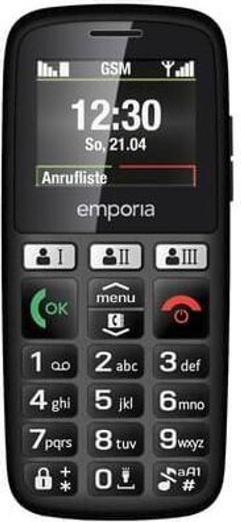 A black Emporia HAPPY (E30_001) senior phone is shown from the front against a black background.