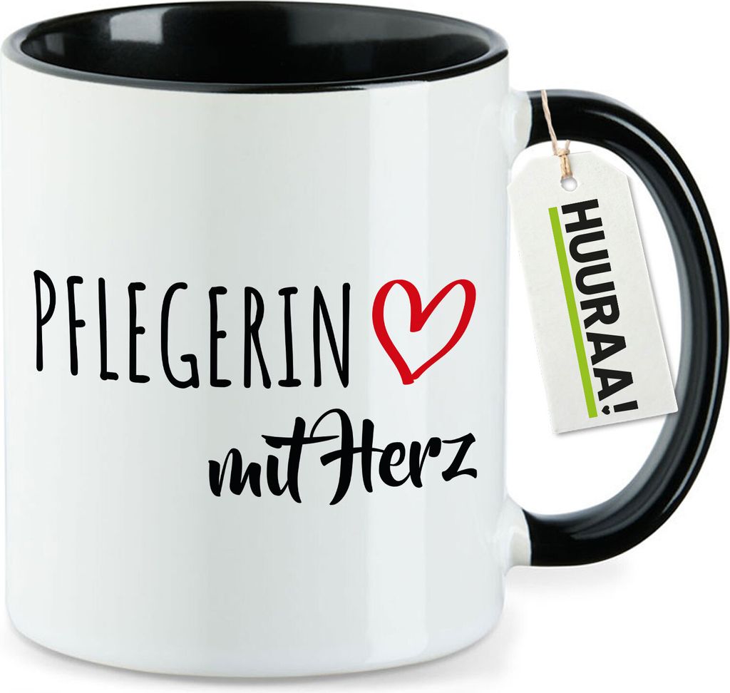Huuraa Kaffeetasse Pflegerin mit Herz 330ml Schwarz Keramik Kaffeebecher Geschenkidee