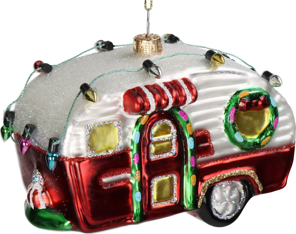 Christbaumschmuck Glas 11,2cm Wohnwagen Figur Rot / Weiß