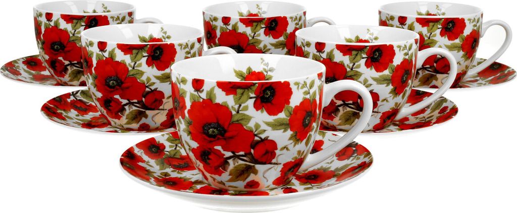 DUO FLORAL 6er-Set Tassen 220 ml LINA mit Untertassen, New Bone China Porzellan