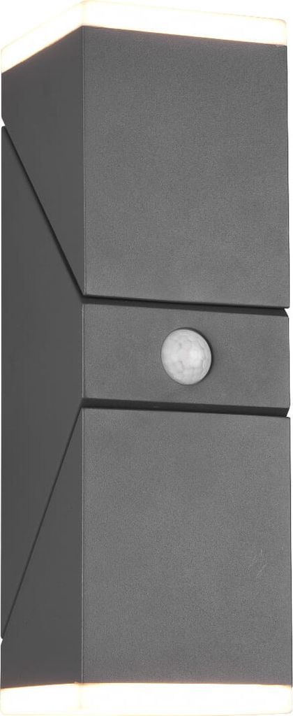 A modern, dark gray outdoor wall light with a motion sensor.