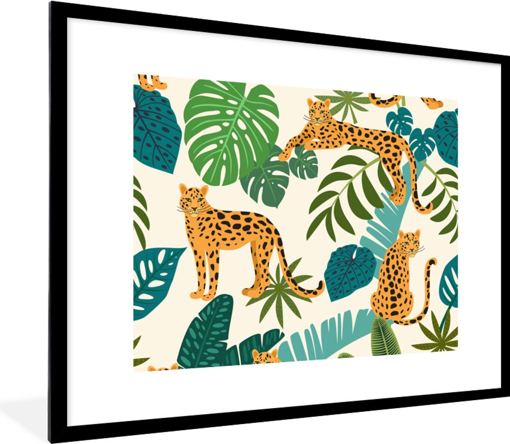 MuchoWow Gerahmtes Poster Dschungel - Leopard - Pflanzen - Muster - Mädchen - Jungen 80x60 cm - Poster mit Schwarzem Bilderrahmen Wandposter Rah...