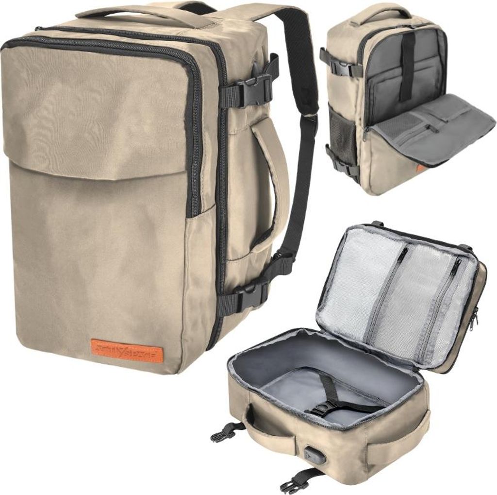 Reiserucksack 40x20x25 für Flugzeuge, leichtes Handgepäck - beige
