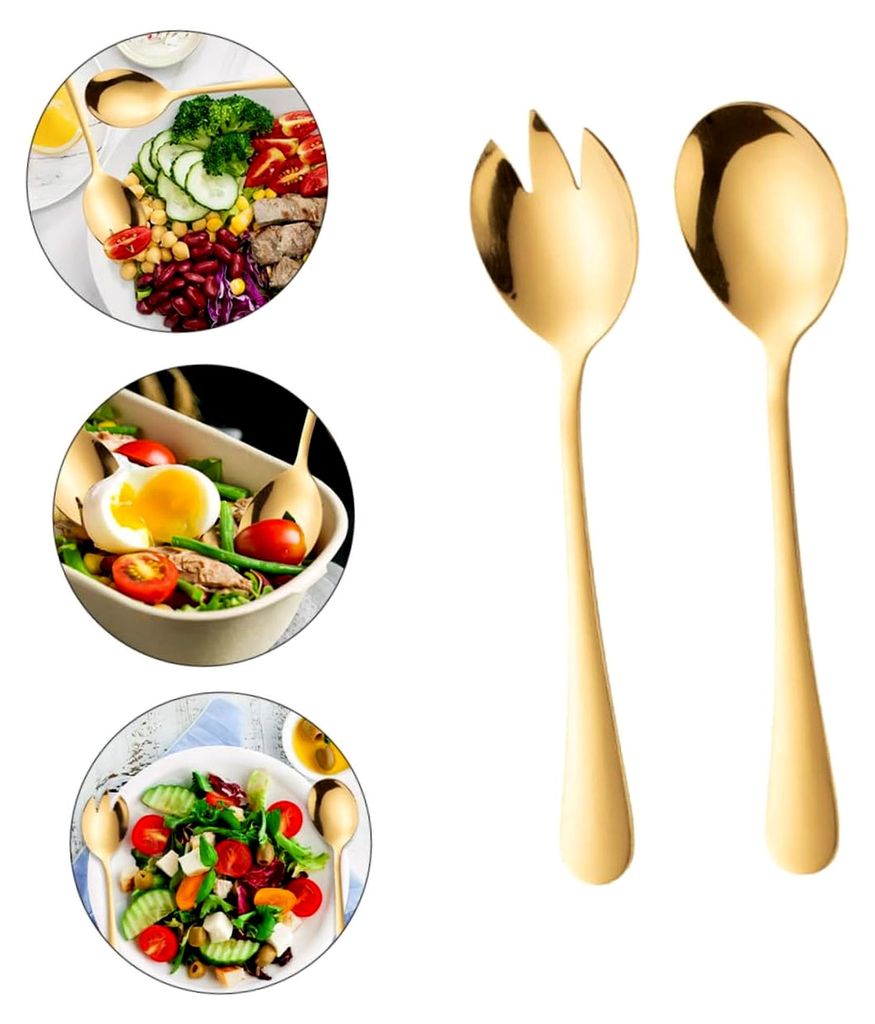 2-teiliges Salatbesteck aus Edelstahl, Servierlöffel und Gabel in Gold, robustes Material, komfortabler Griff, langlebig und vielseitig für Obst ...