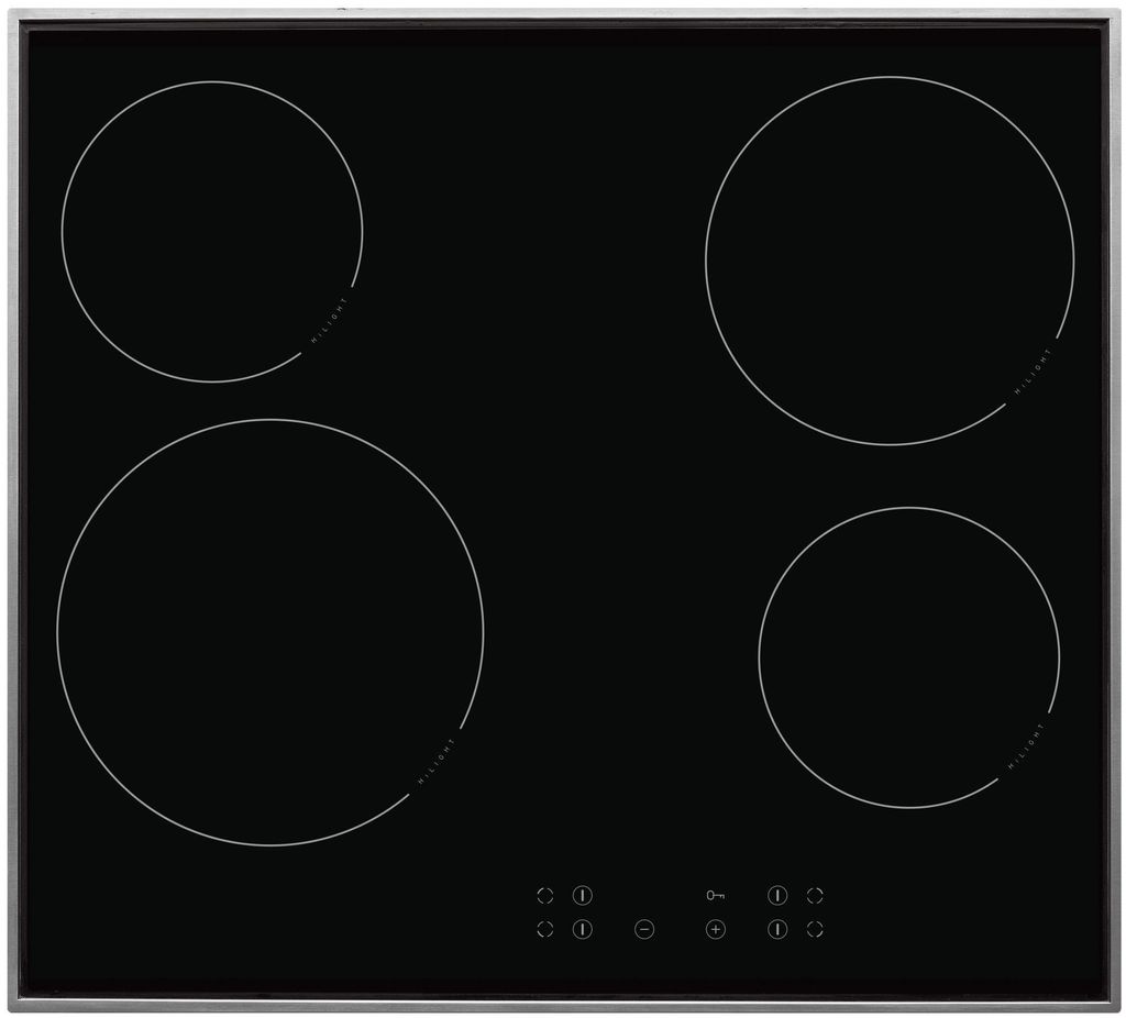 A top-down view of a black ceramic glass cooktop with four heating elements and control buttons at the bottom.