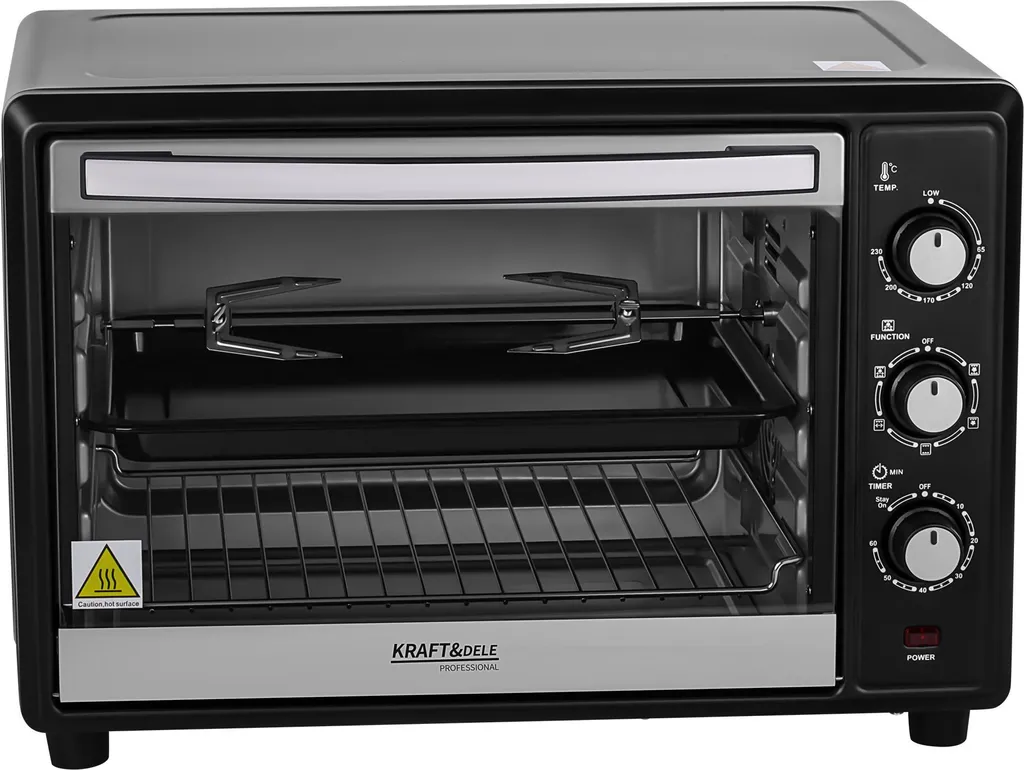 KRAFT&DELE | Mini forno, forno a convezione da tavolo, 45 L, 2000 W, illuminazione interna, 6 funzioni, temperatura fino a 230 °C, doppia porta in vetro, spiedo girevole incluso, calore superiore, calore inferiore, ventilazione, frontale in vetro a specchio - 5