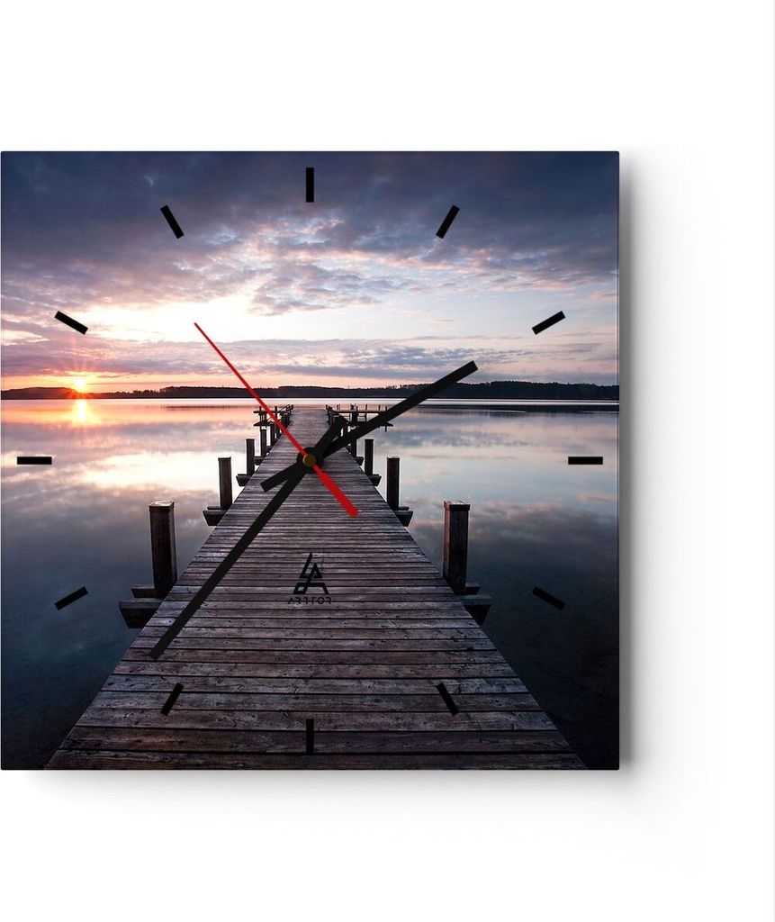 Wanduhr - Quadrat - Glasuhr - Fußgängerbrücke See Sonnenuntergang Abend - 40x40cm - Schleichendes Uhrwerk - Lautlos - zum Aufhängen bereit - Wa...