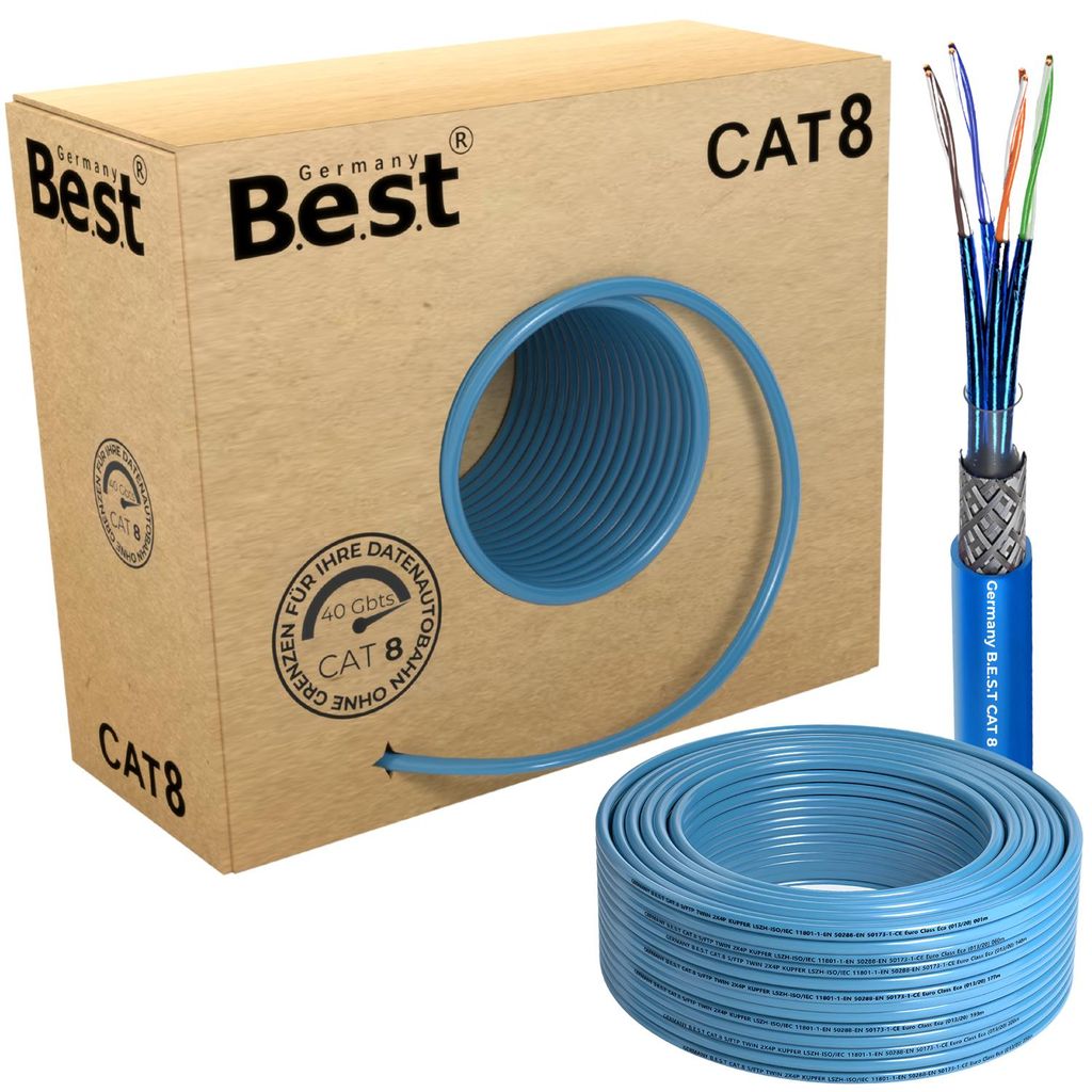 100 m CAT 8 Netzwerkkabel mit Abrollkarton, Kabelrolle und Kabelaufbau