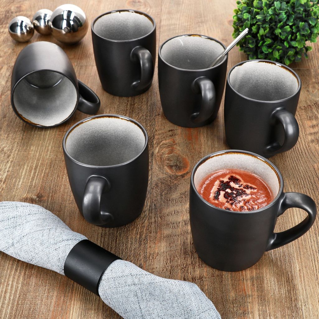 MamboCat Reactive Glaze Dark Cement koffiemokken, 250 ml, zwarte handgemaakte mokken met handvat en koperlook, voor 6 personen, thee & Co