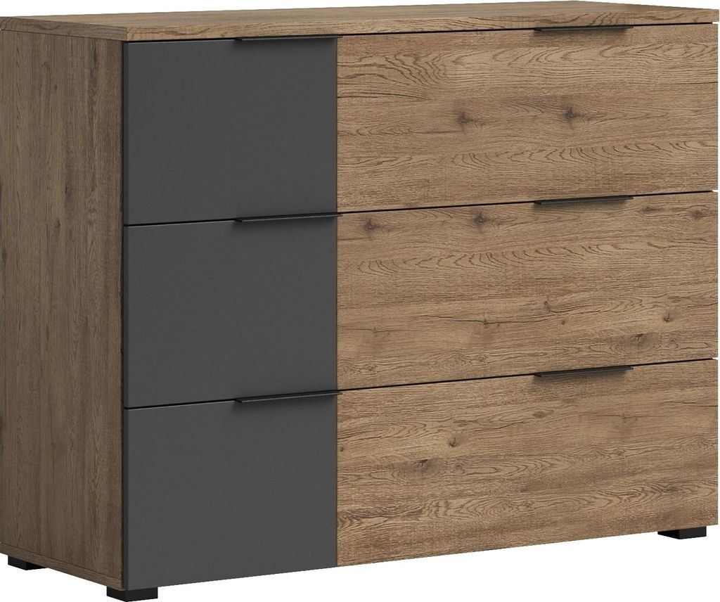 Schubkastenkommode >LINEA< 3 Schubladen, Bartex Eiche / Graphit - 120x89x40cm (BxHxT)