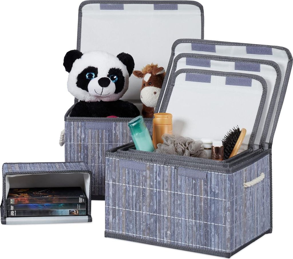 Badezimmerkörbe - Set von 5 - mit Deckel - Bambus - für Spielzeug - grau